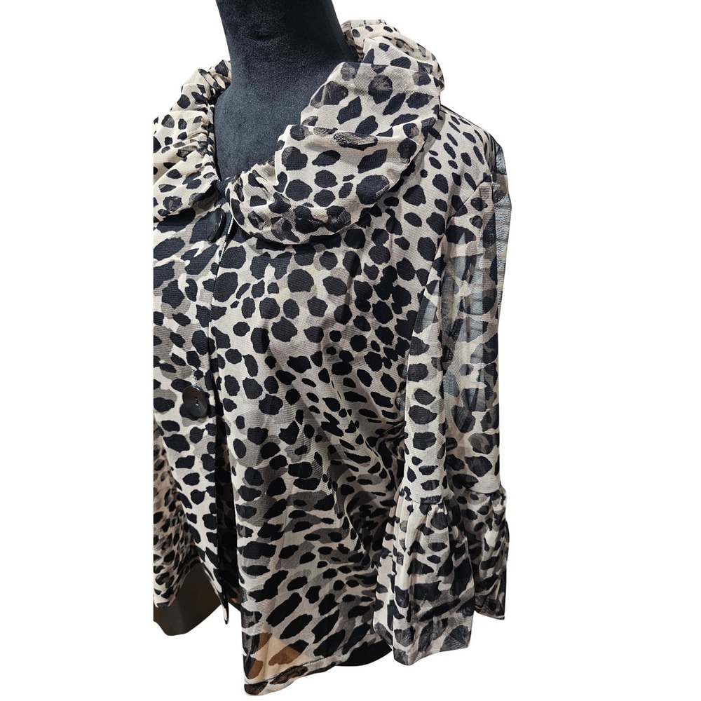 Damee Blouse Top Women Large Gray Leopard Mesh Ruffle Collar‎ Balloon Hem Sleeve - Picture 4 of 10
